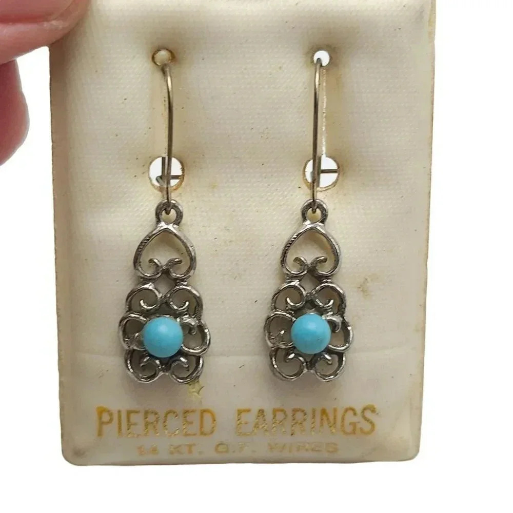 Blue Faux Turquoise Flower Dangle Drop Earrings Vintage Filigree NOS B